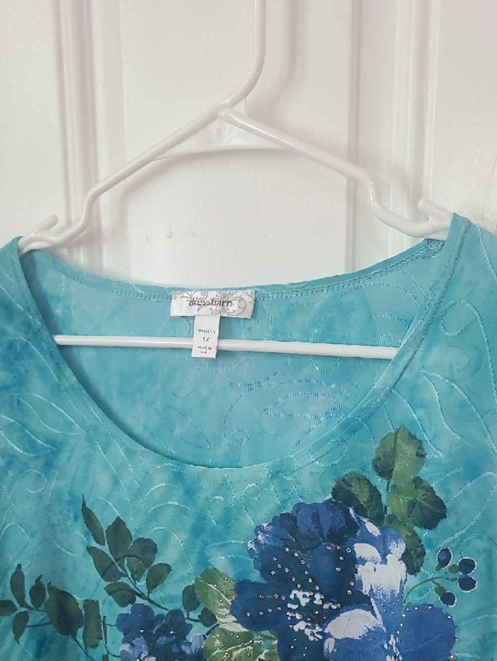 dressbarn Turquoise Floral Scoop Neck Short Sleeve Top - Picture 2 of 6